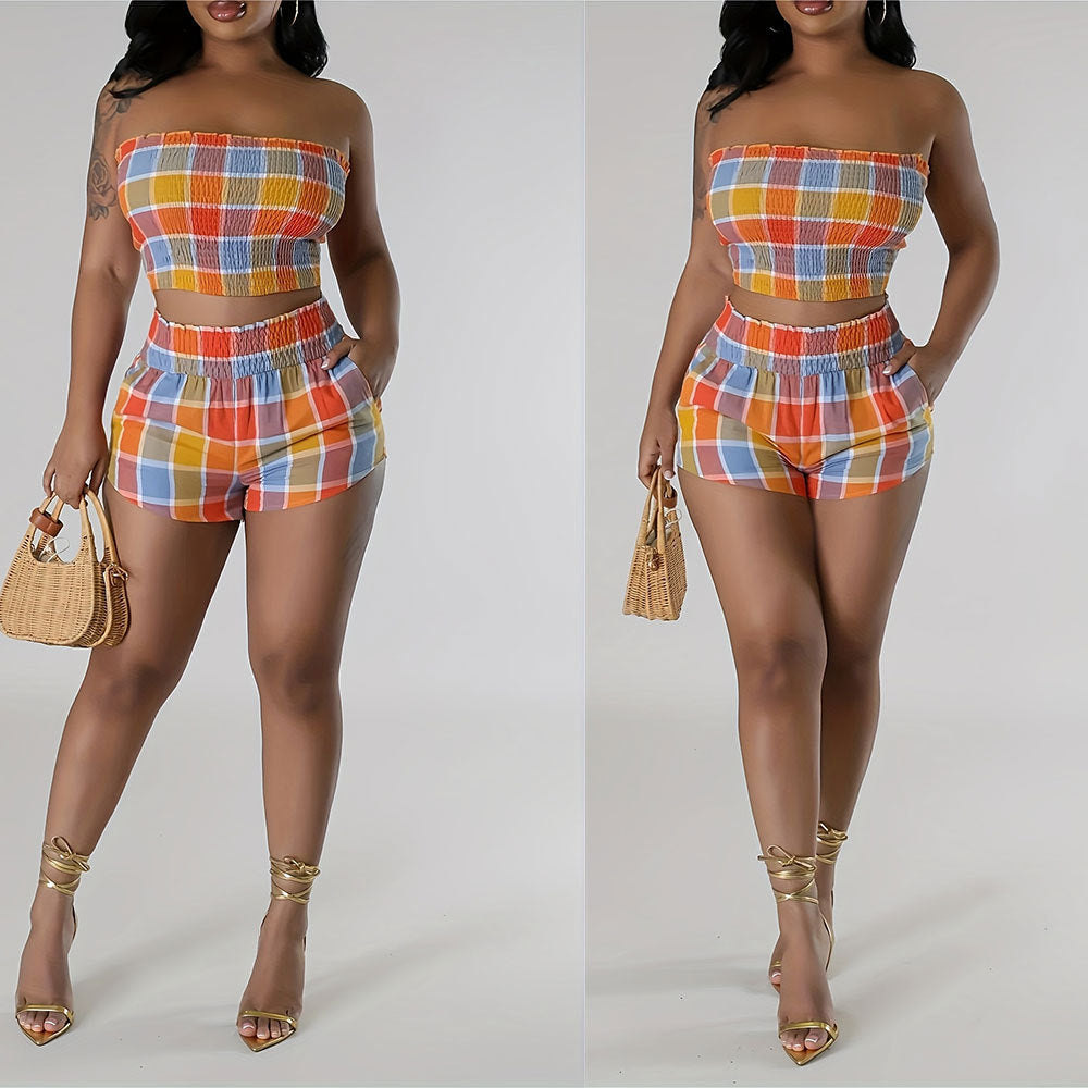 Women's Plaid Contrast Color Strapless Sexy Fashion Two Piece Shorts Set 3