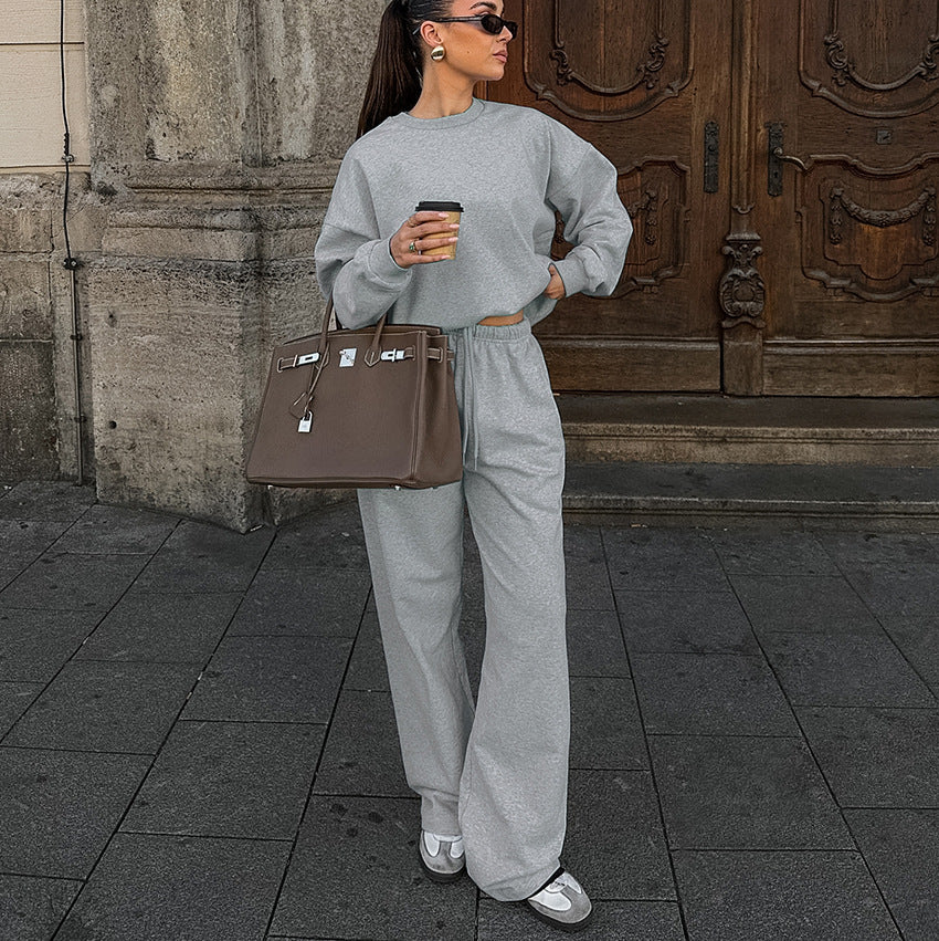 Women Autumn Gray Knitting Long Sleeve Top and Pants Casual Sports Two Piece Set 7