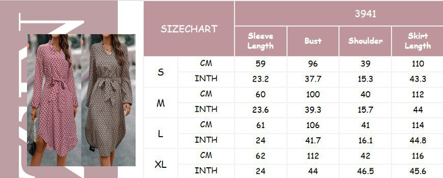 Autumn And Winter Women's Printed Long Sleeve Belt Casual Dress 10