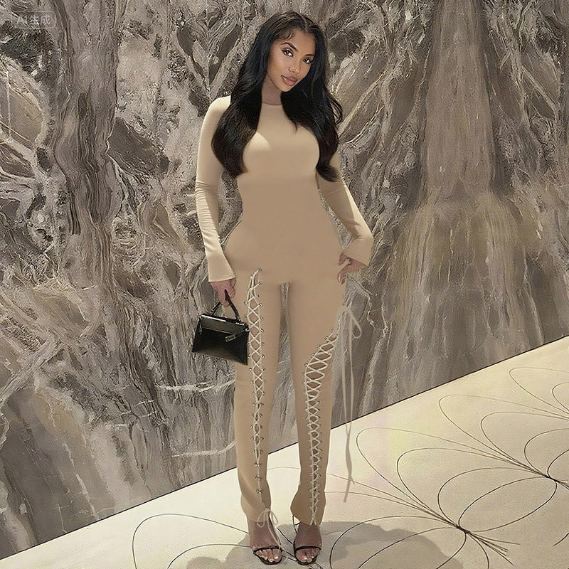 Women Fall/Winter Long-Sleeved Sexy Cutout Lace-Up Jumpsuit 4