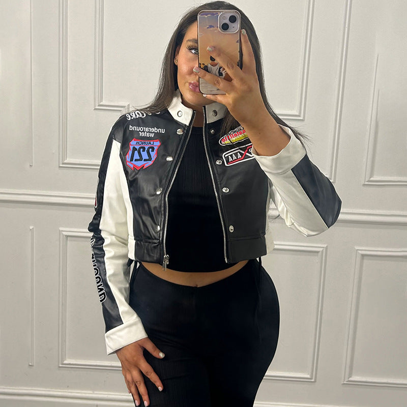 Women autumn and winter sexy American retro printed long-sleeved Crop baseball jacket 6