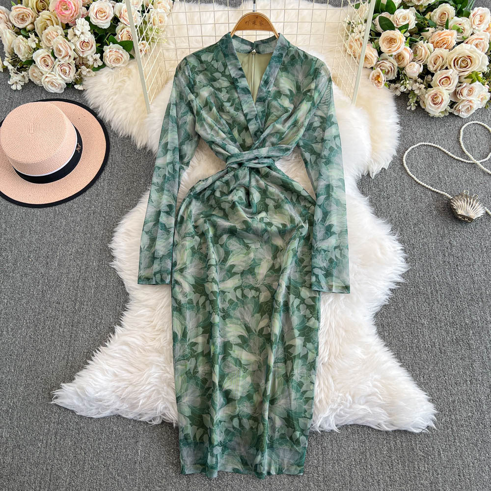 Women French Style Long-Sleeved V-Neck Lace-Up Maxi Print Bodycon Dress 8
