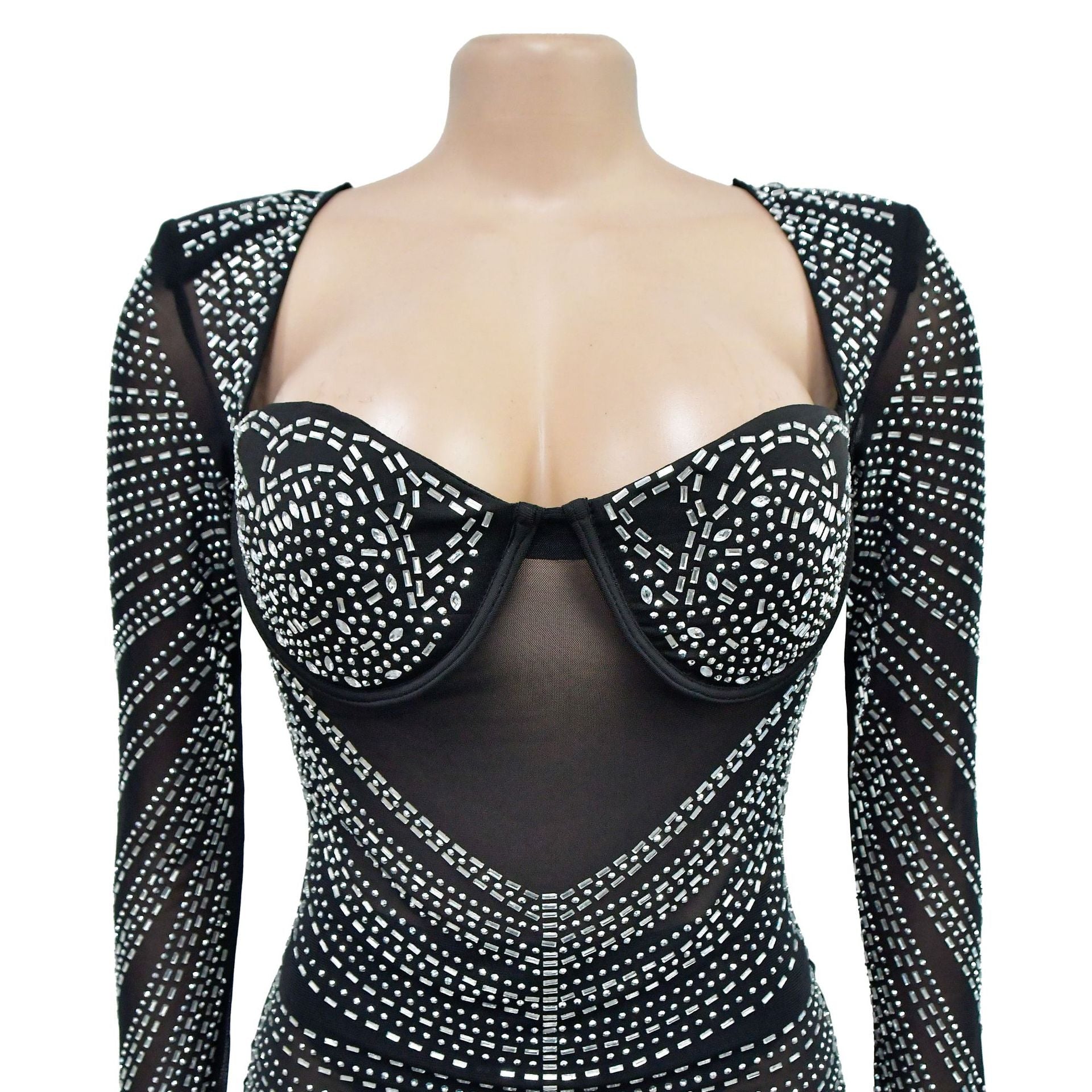 Fashion Women's Solid Color Mesh Beaded Long Sleeve Short Club Dress 22