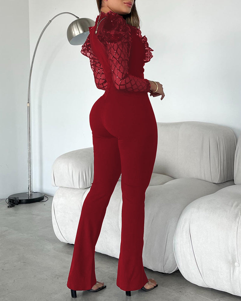 Women black sequin lace long sleeve slit jumpsuit 8