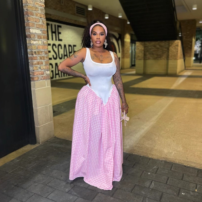 Women's Fashion Slim Waist Plaid Print Sleeveless Dress 4