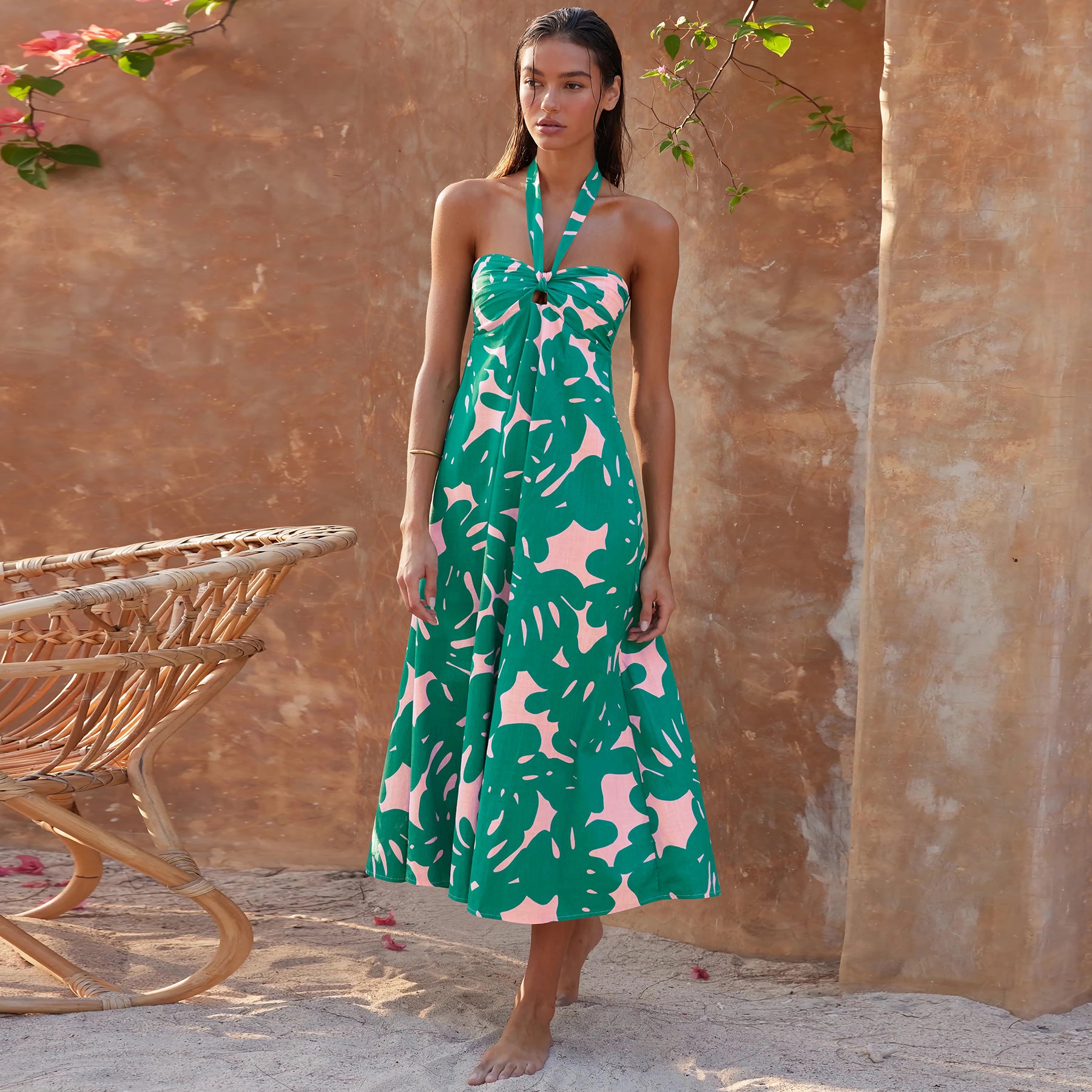 Women Summer Sexy Halter Neck Strapless Bohemian Print Long Dress 7