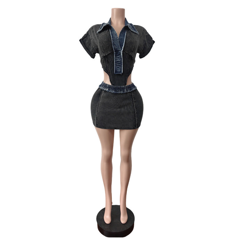 Spring Denim Short-Sleeved Bodysuit High-Stretch Skirt two piece set 3