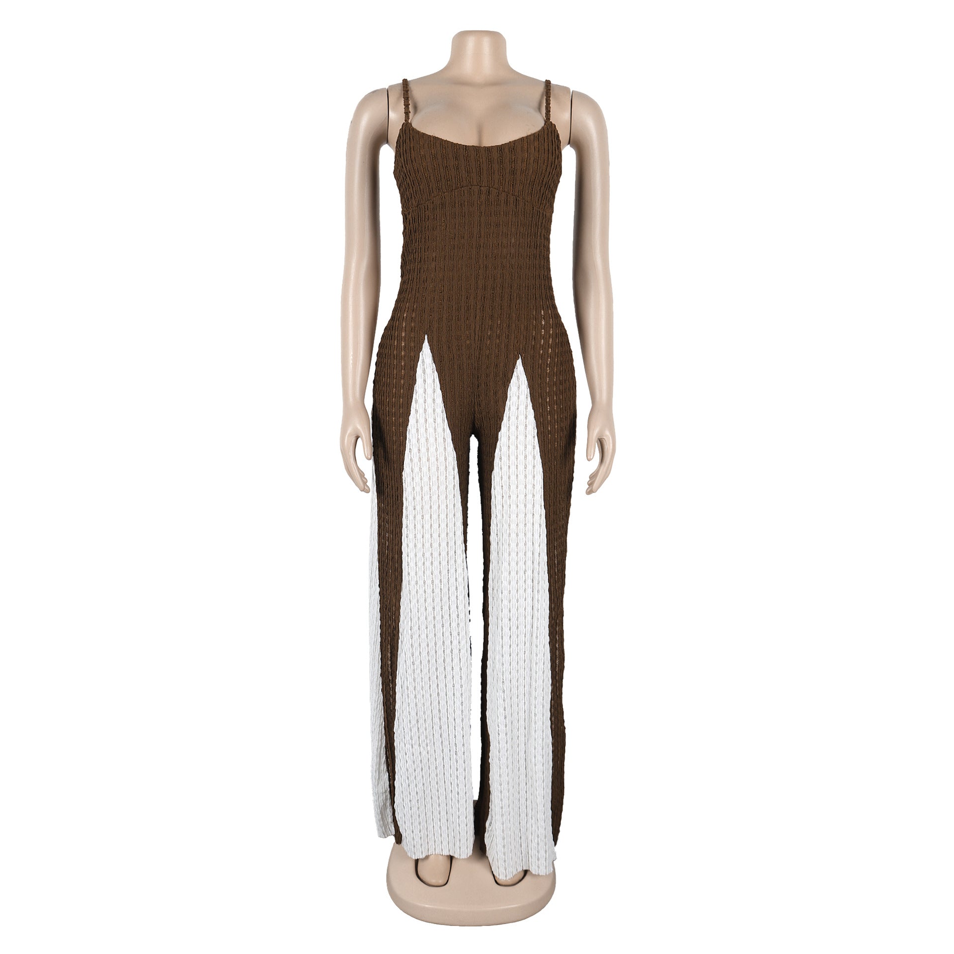 Women Sexy Hollow Wide-leg knitting Suspender Patchwork Contrast Jumpsuit 16