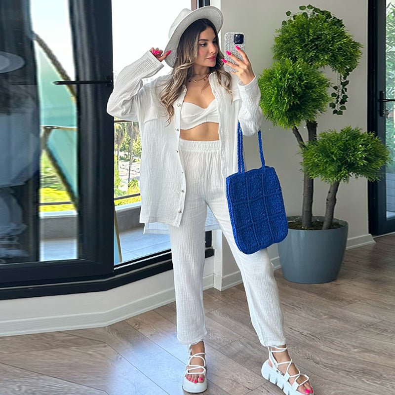 Women autumn loose long-sleeved shirt and trousers Casual two-piece set 5