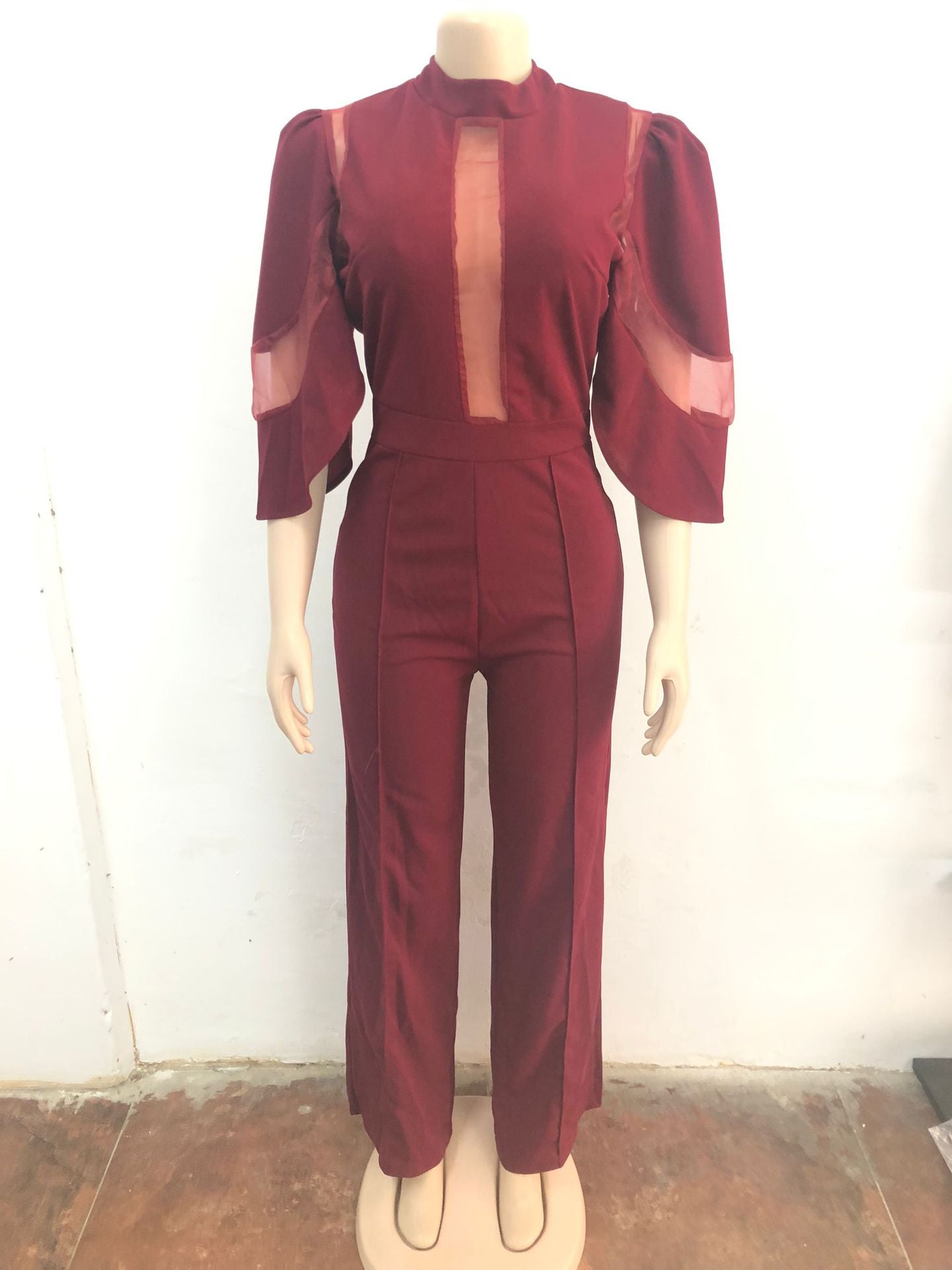 Women Elegant Mesh Patchwork Lace-Up Wide-Leg Jumpsuit 9