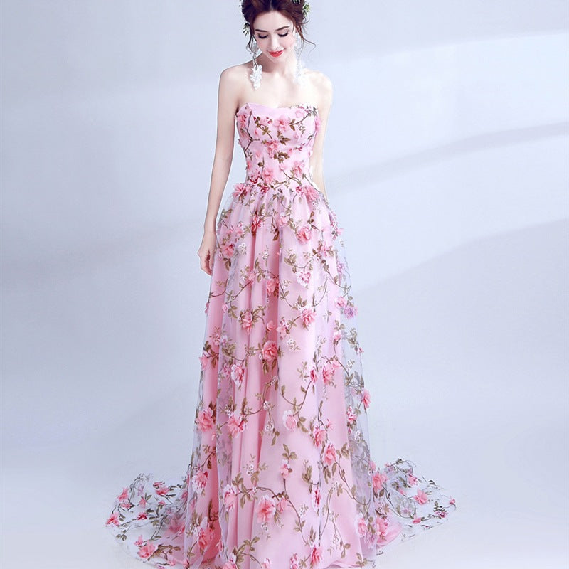 Pink Flower Lace Strapless Bride Wedding Formal Party Evening Dress（Processing time need 3-6 days）