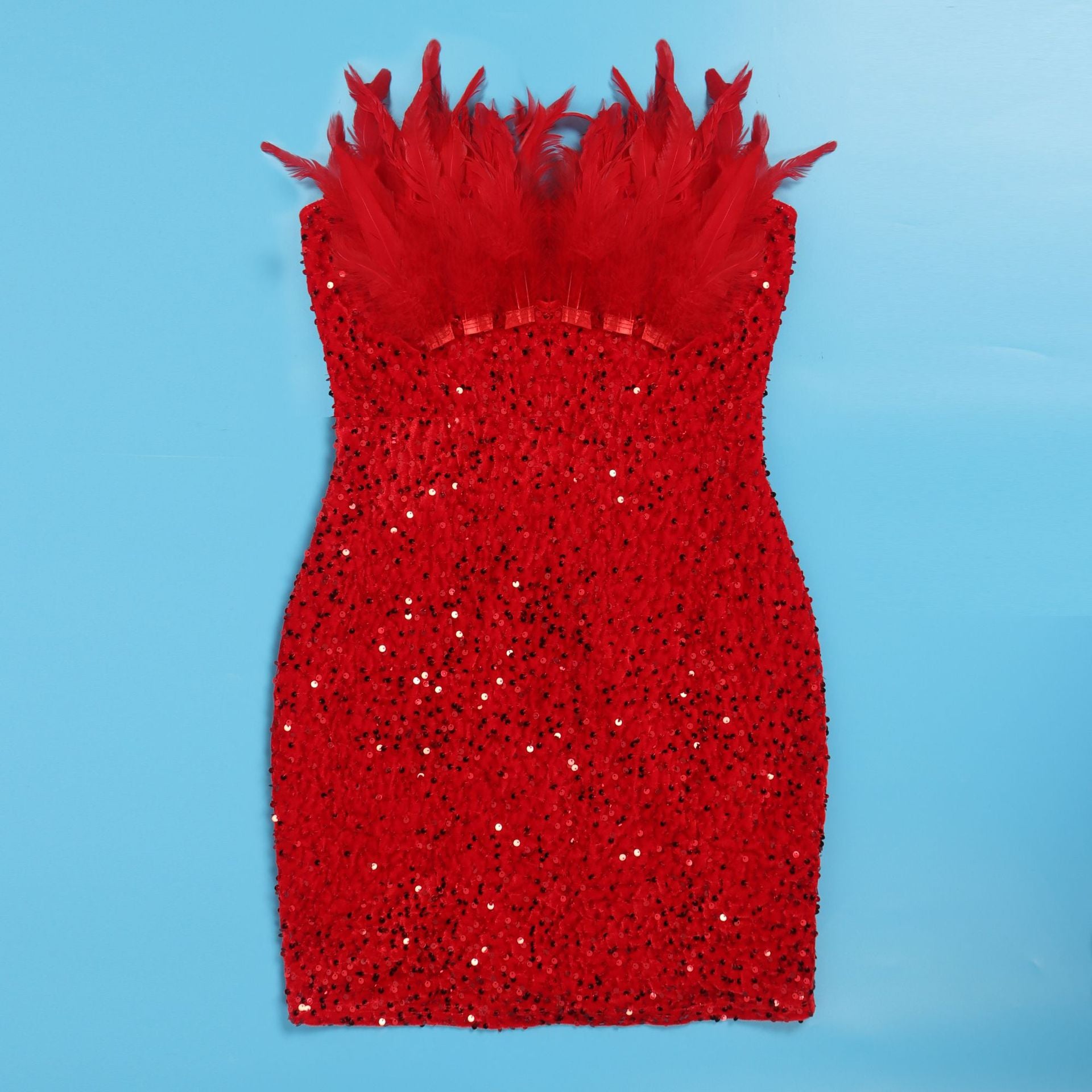 Sexy Feather Sequin Strapless Tight Fitting Slim Bodycon Dress 30