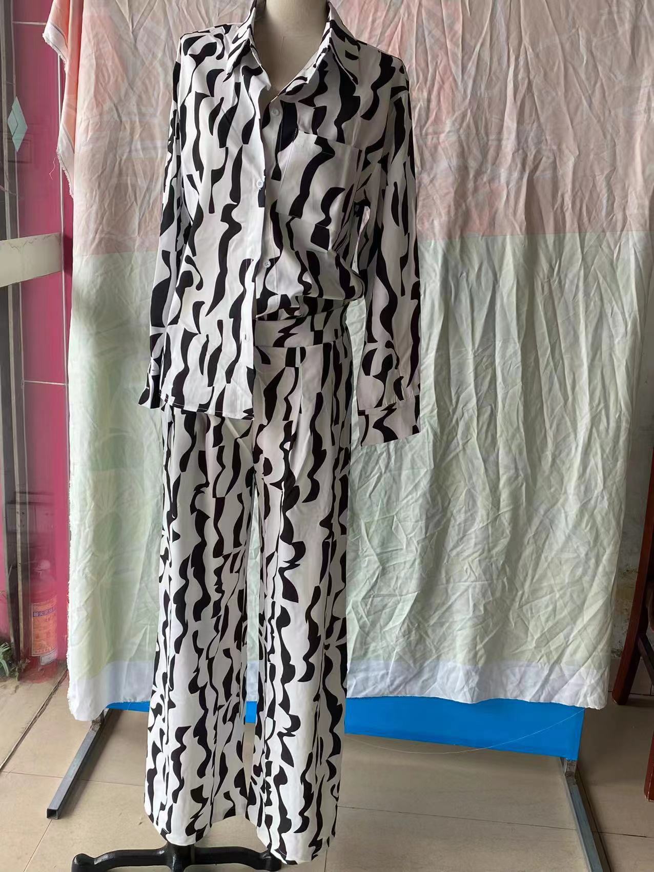 Women's Fashion Print Turndown Collar Long Sleeve Casual Shirt High Waist Straight Pants Set 10