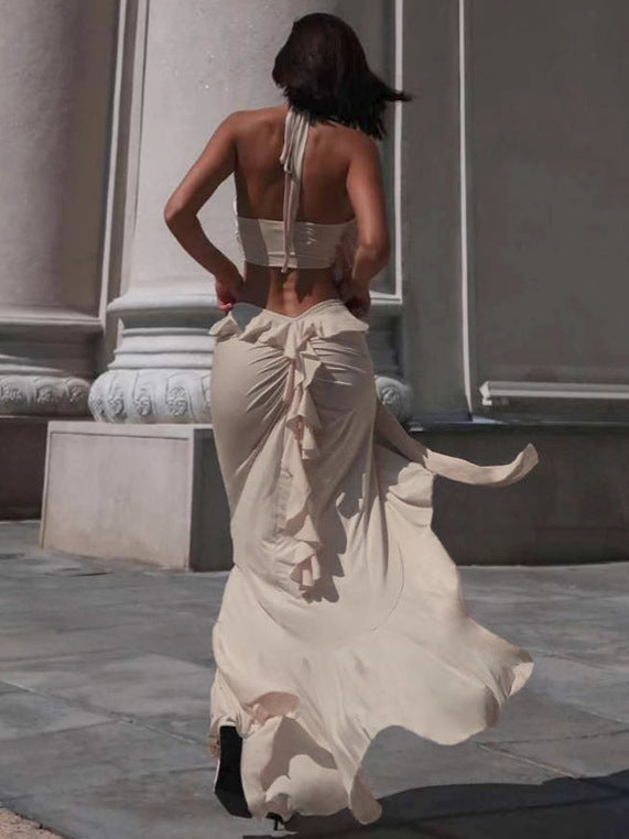 Women Summer Sexy Solid Halter Neck Lace-Up Tank Top and Split Skirt Two-piece Set 5