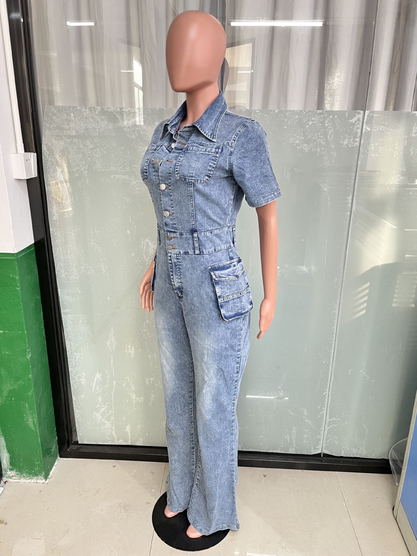 Women Stretch Wash Denim Bell Bottom Jumpsuit 9