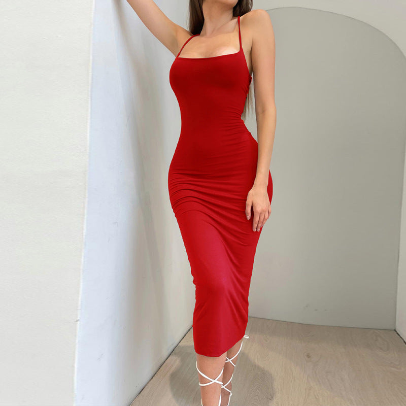 Women Spring Summer Sexy Backless Lace-Up Solid Dress 9