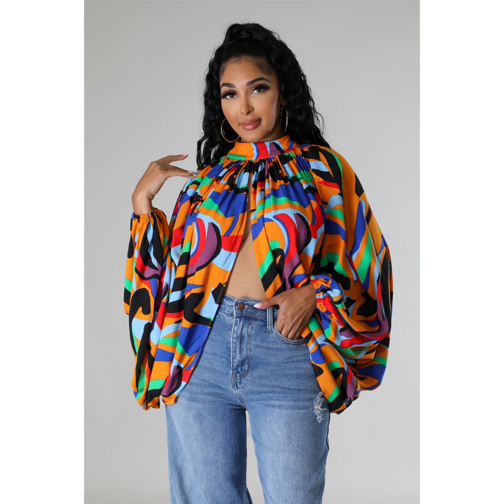 Women Buttoned Printed Bat Sleeves Shirt 6