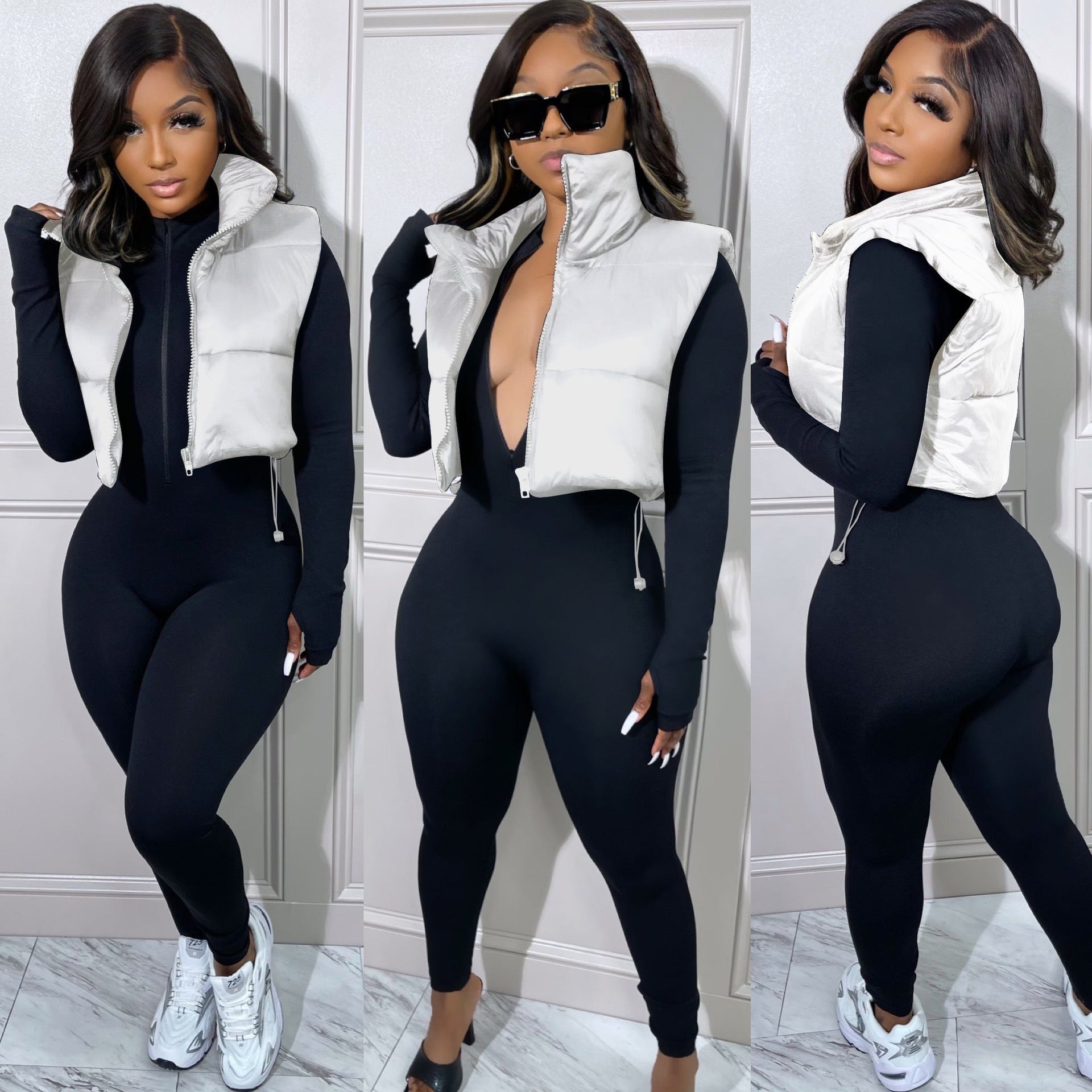 Women Solid Turn Down Collar Padded Vest 9