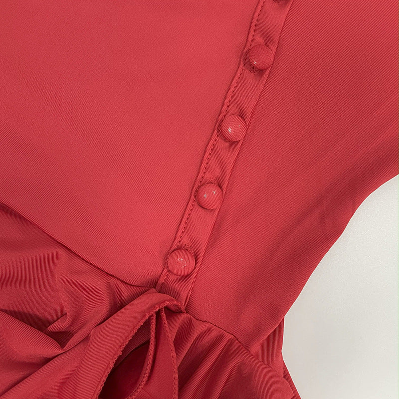 Summer Halter Neck Single-Button Ruffled Mini Dress 26