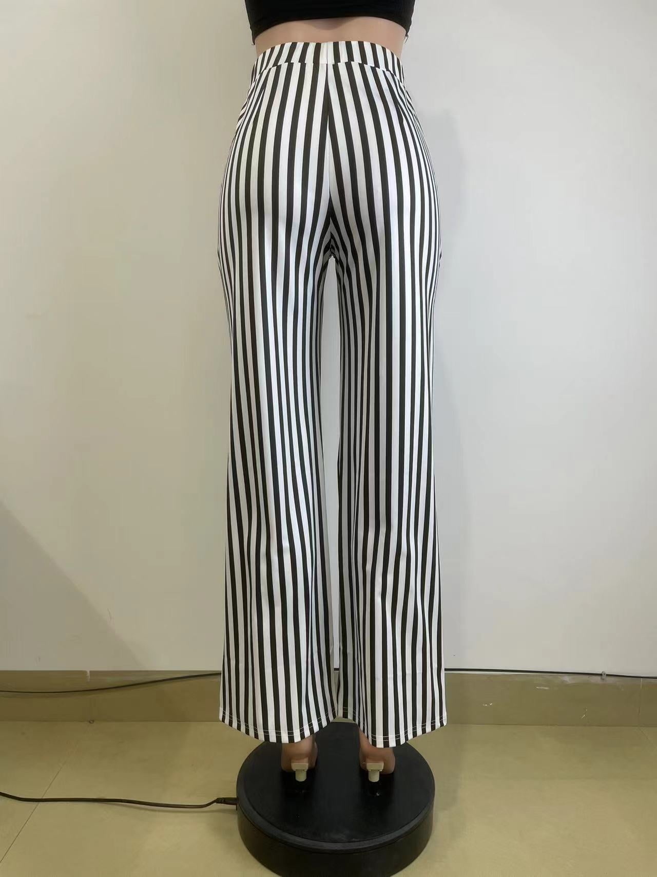 Women Black Stripe Print Straight Casual Wide Leg Pants 10