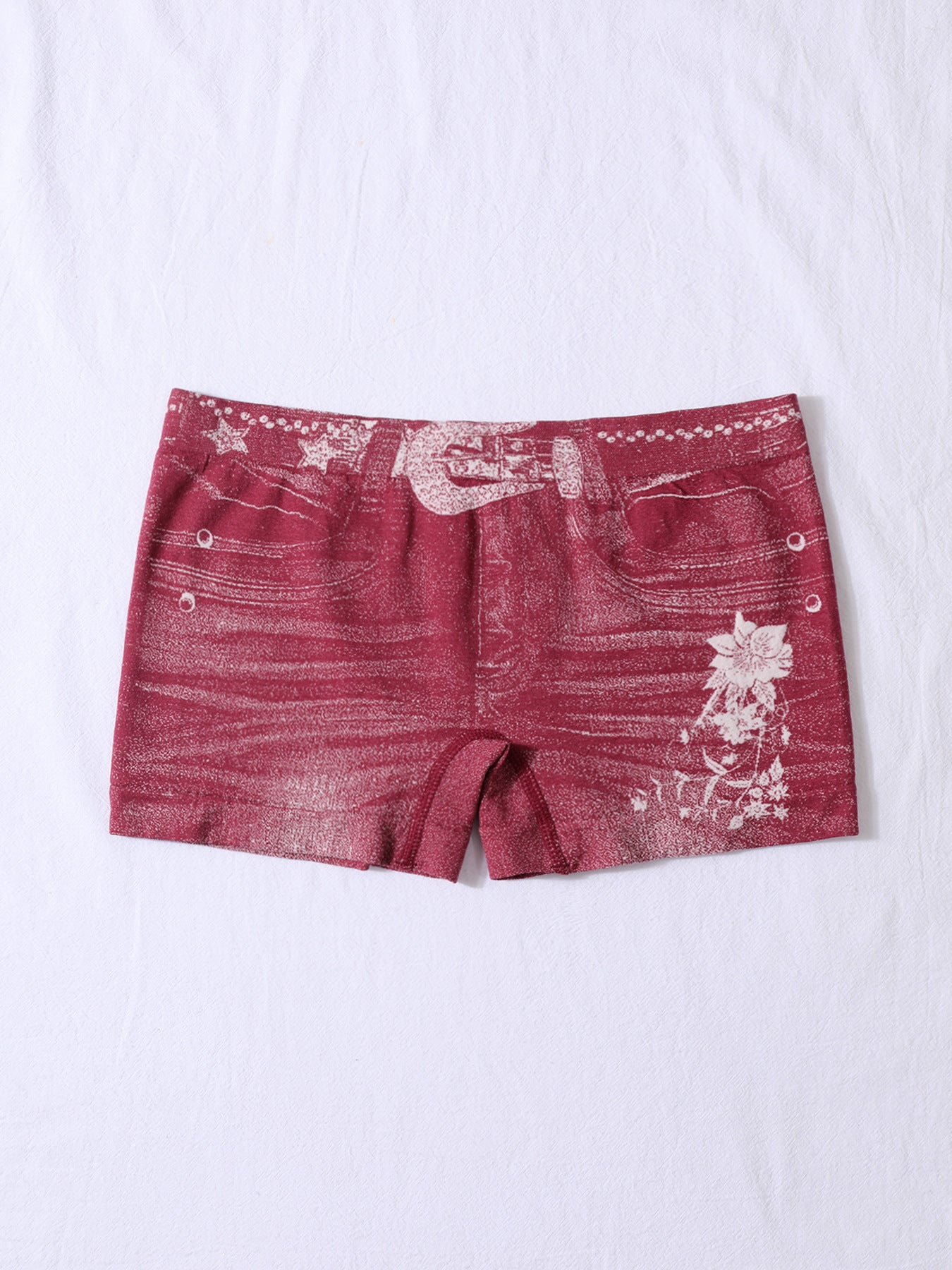 Seamless Simulated Denim Pattern Print Outdoor Wear High Stretch Mid-Rise Women's Square Leg Shorts 4