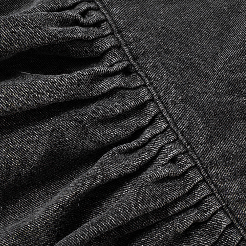 Women Autumn Solid Casual Button Zipper Denim Pleated Skirt 15