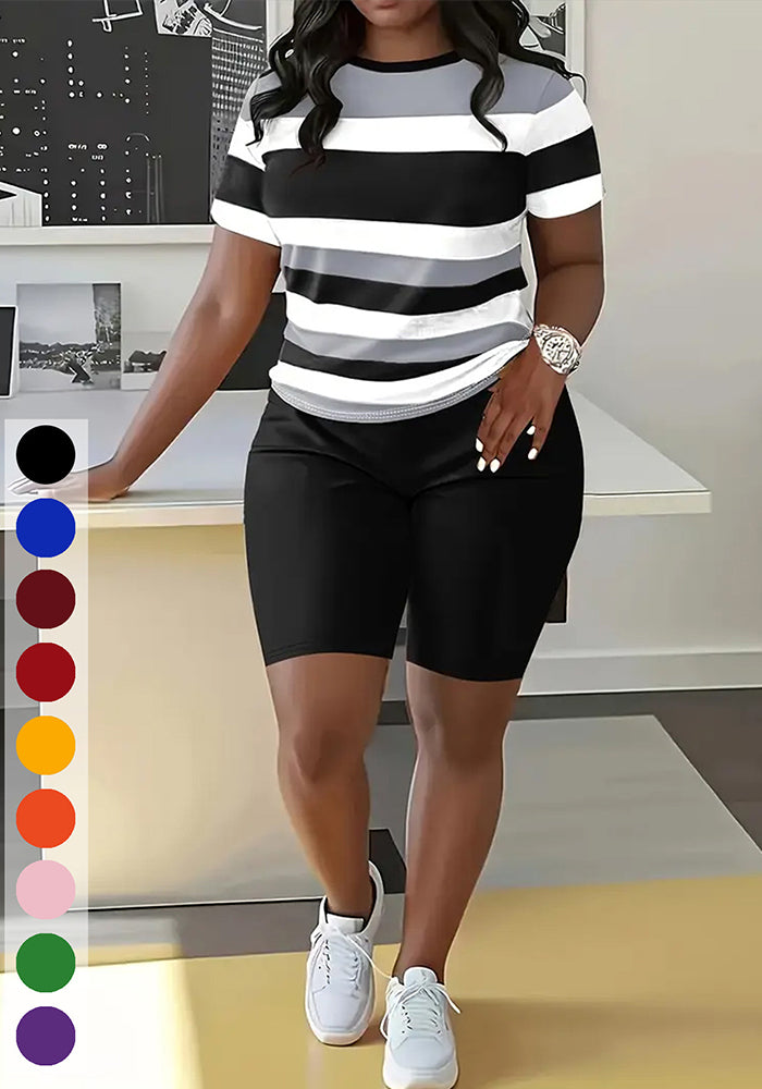 Women's Striped Print Short-Sleeve Sporty Two-Piece Shorts Set