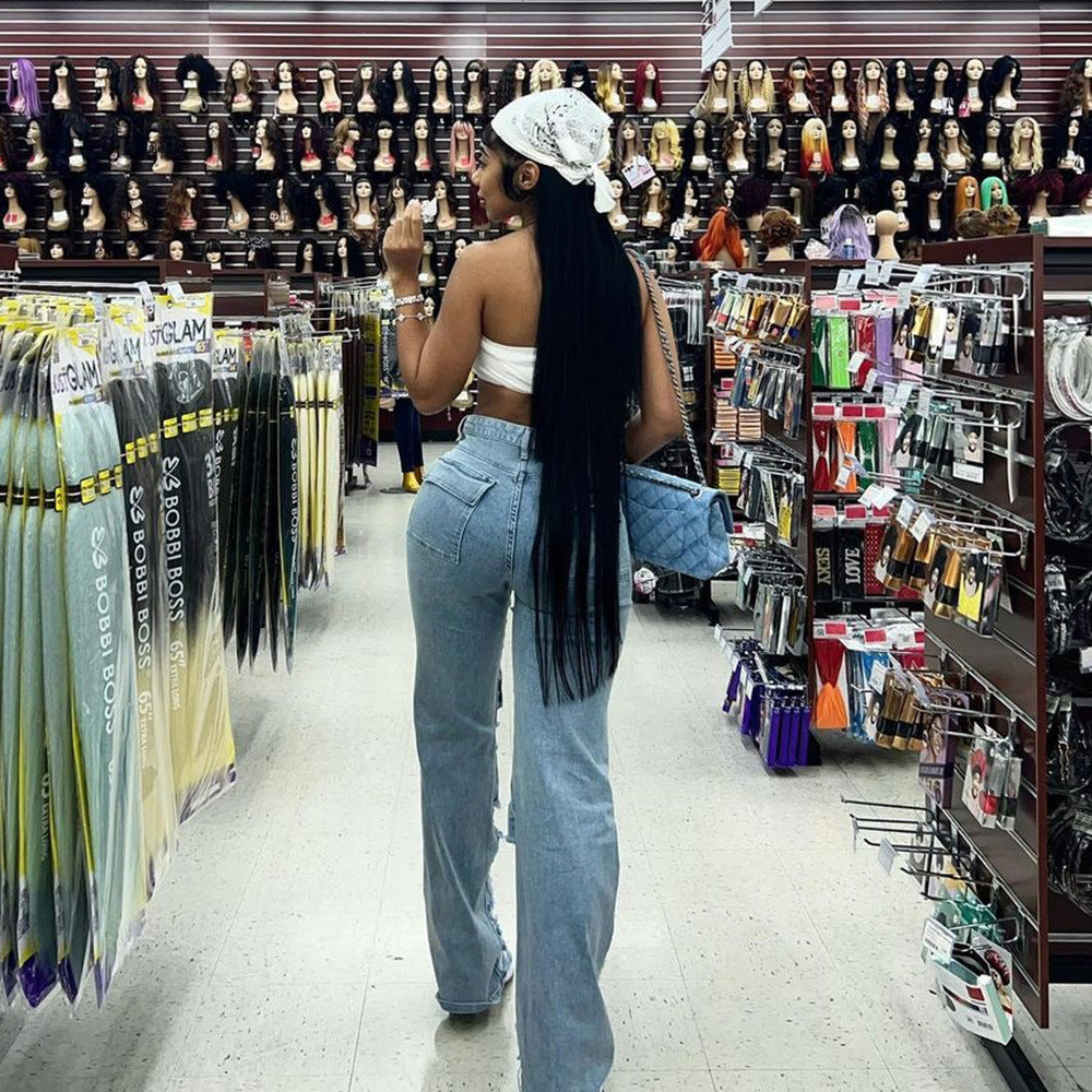 Women Casual Ripped Denim Wide Leg Pants 5