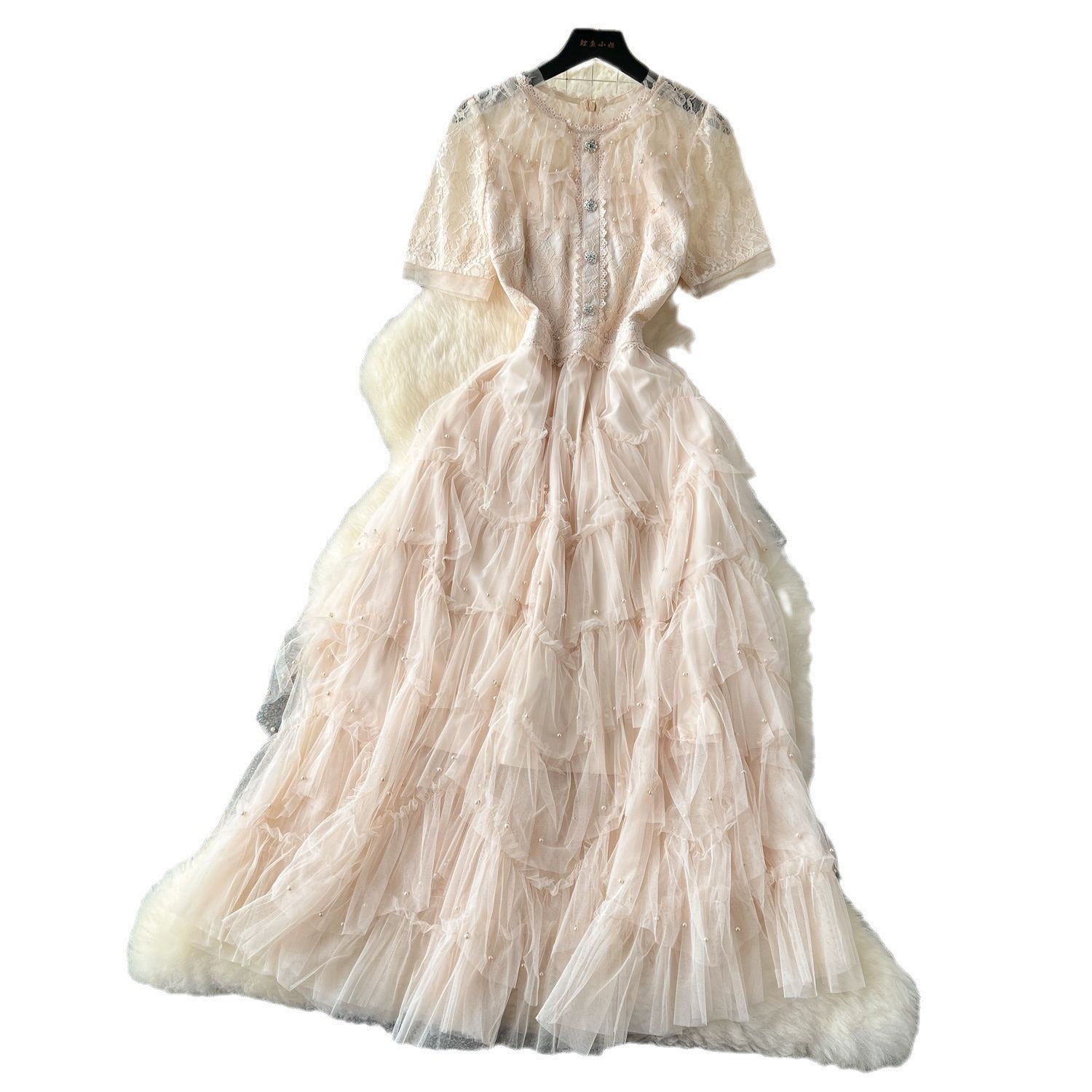 Women French Beaded Embroidered Short Sleeve Puffy Mesh Dress 8