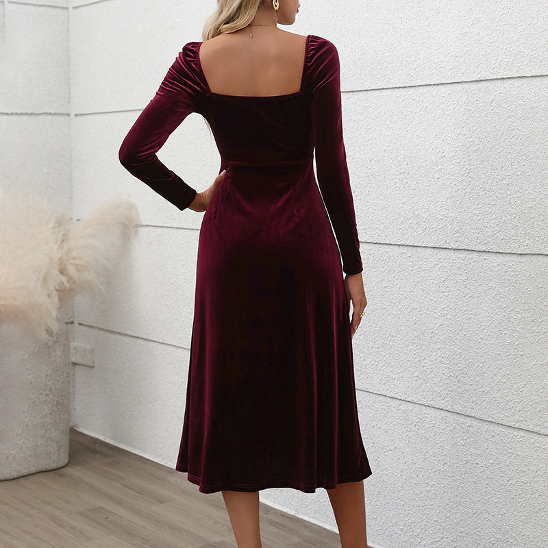 Women's Autumn And Winter Velvet Long Sleeve Slit Party Dress 4