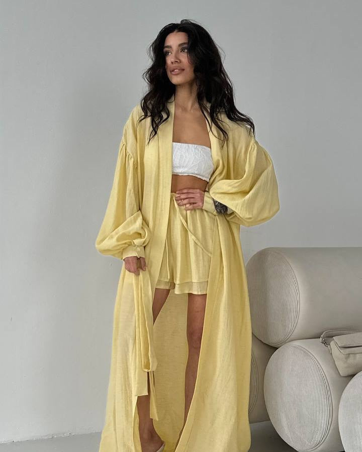 Women's Summer Fashion Lantern Sleeve Cardigan Wide-Leg Shorts Casual Set 4
