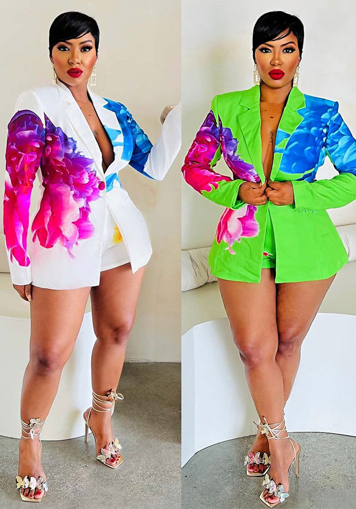 Sexy Plus size suit printed blazer shorts set 4
