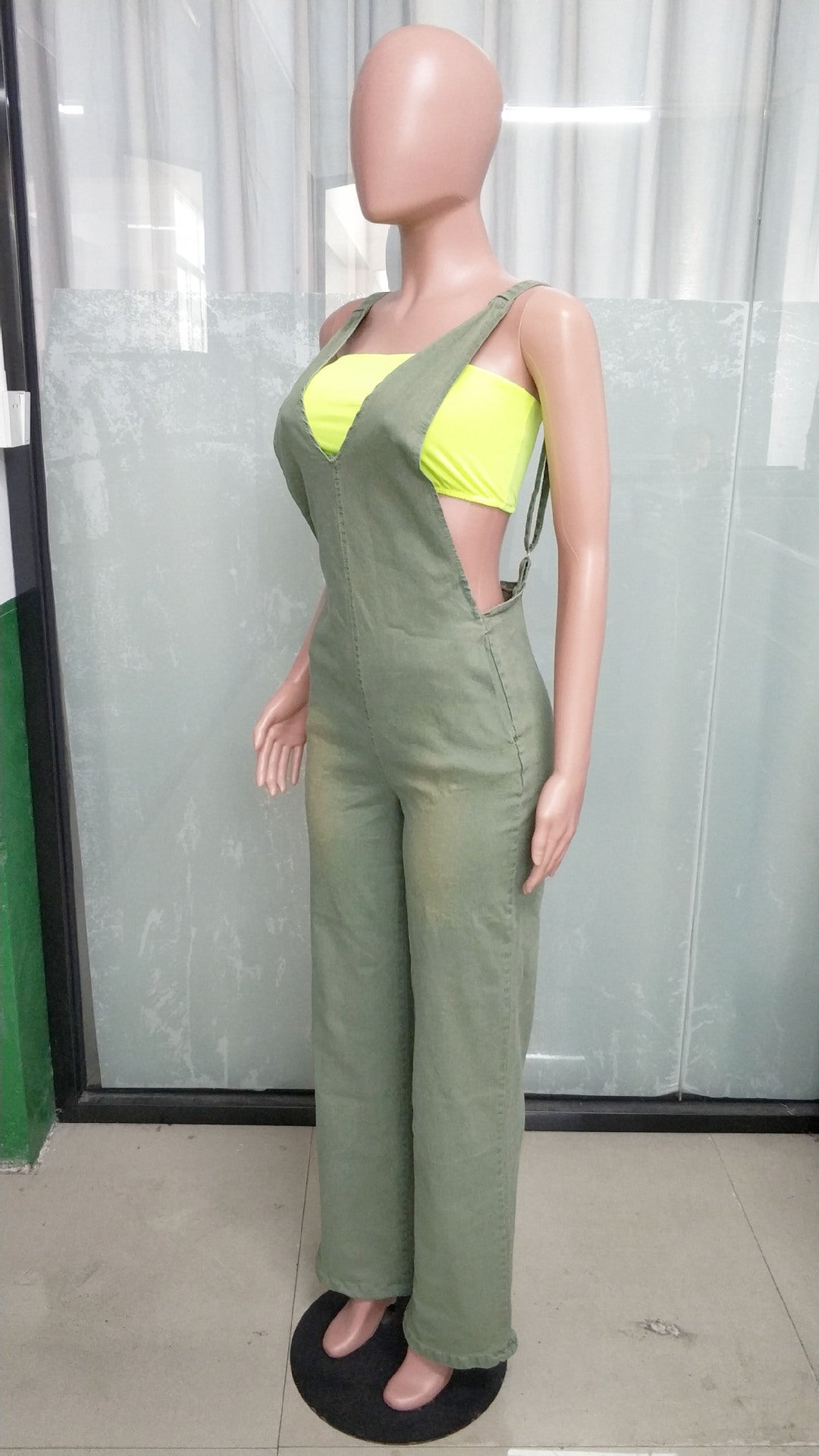 Women Stretchy Washed Denim Strapless Wide-Leg Jumpsuit 5