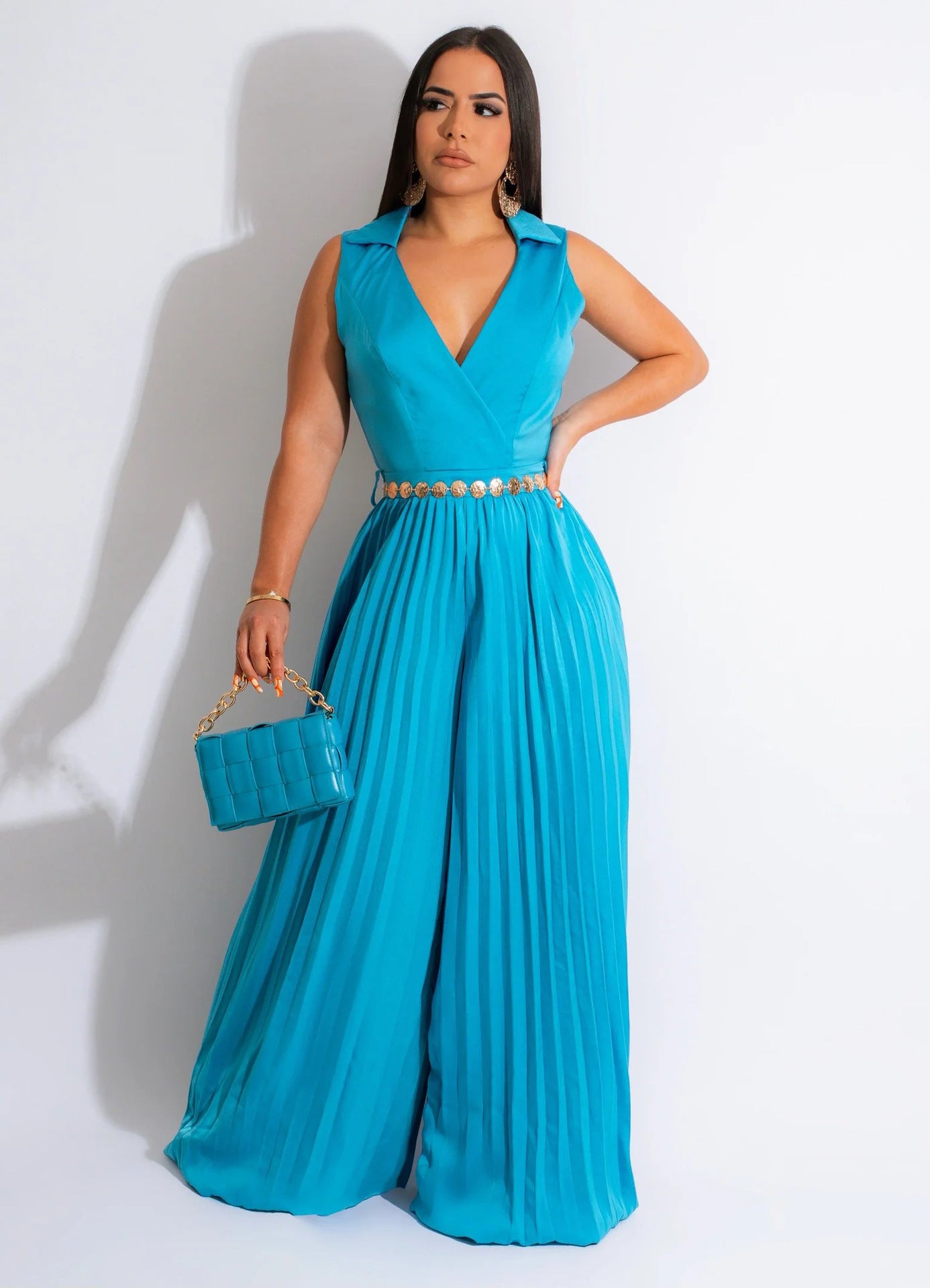 Sleeveless Chic Casual V Neck Slim Waist Pleated Wide Leg Jumpsuit 4