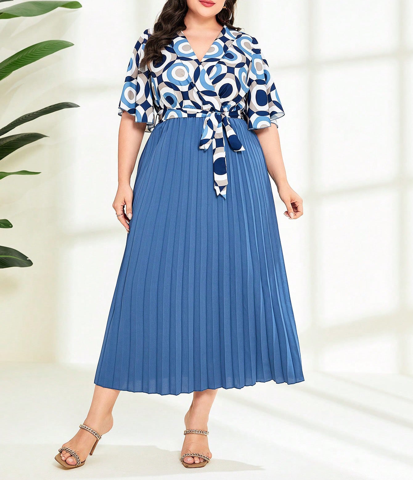 Summer Elegant Chic Patchwork Pleated Lace-Up Plus Size Women's Short Sleeve Dress