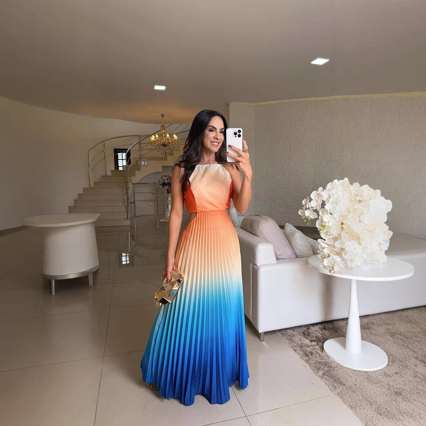Women's Fashion Chic Elegant Halter Neck Pleated Gradient Maxi Dress 7