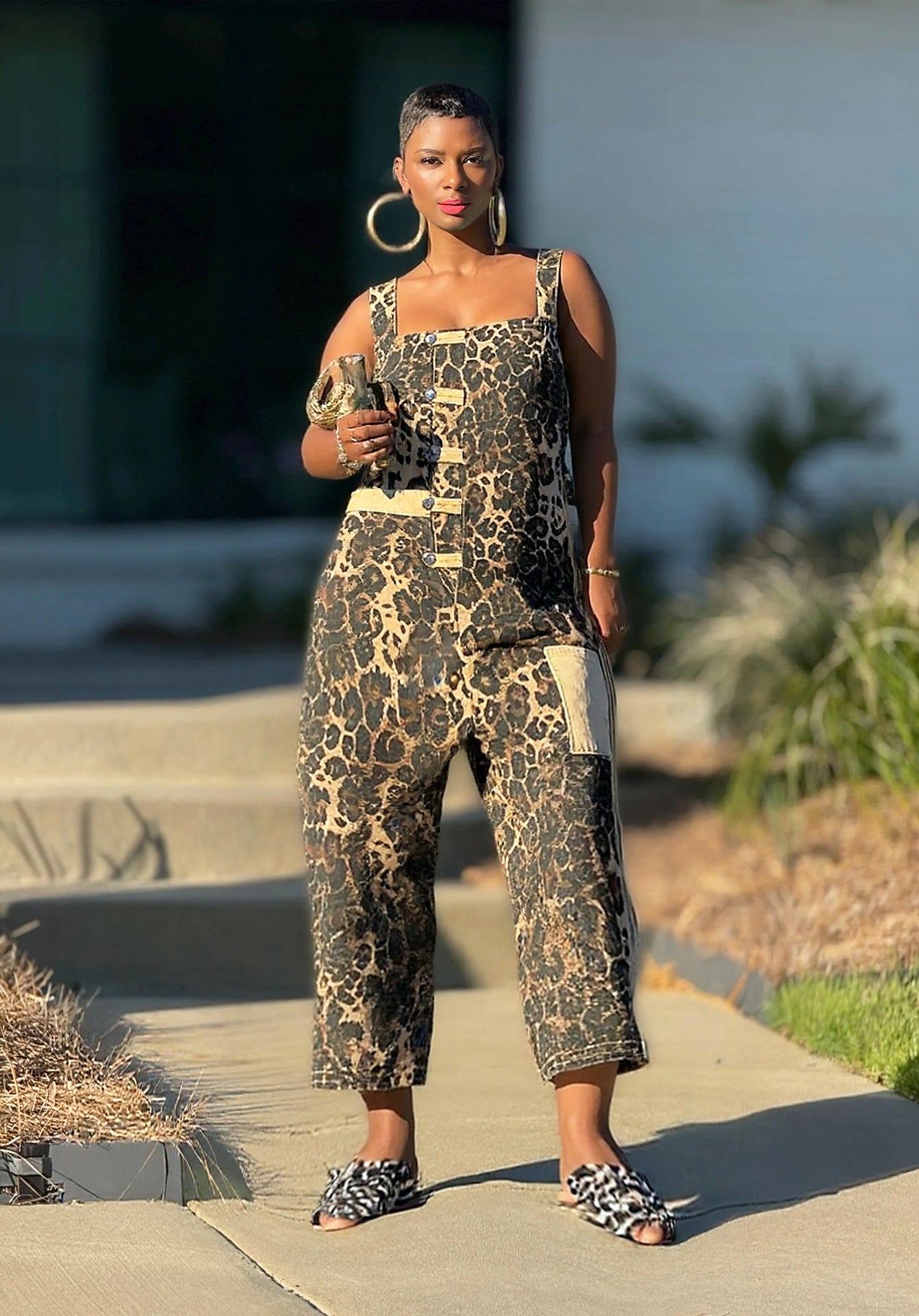 Women Leopard Print Nine-point Denim Suspenders