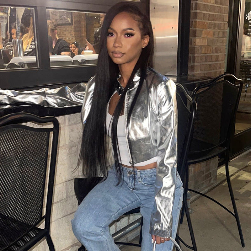 Women Pu Metallic Stand Collar Zip Jacket