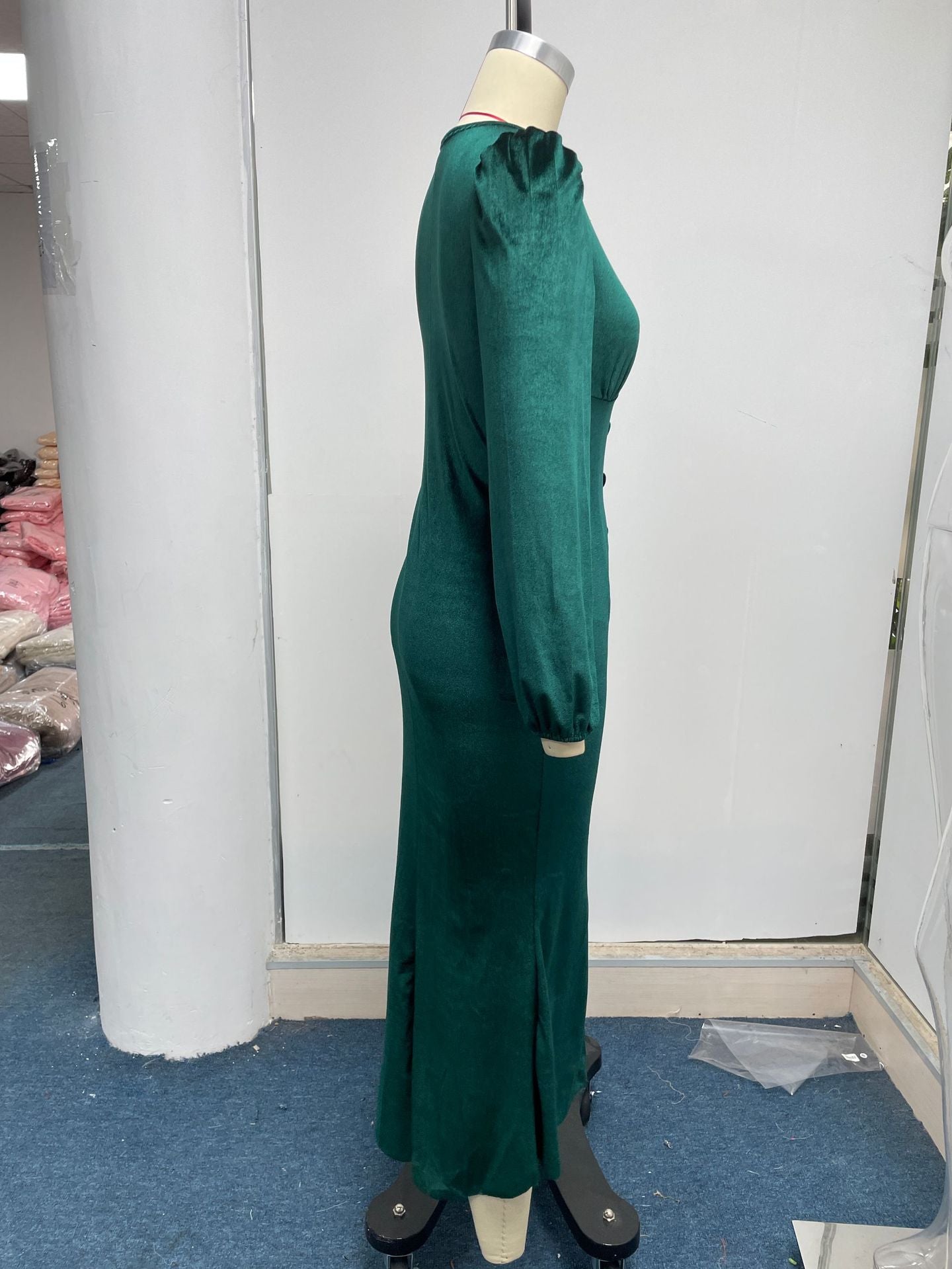 Women Autumn Knittingv Collar Solid Padded Shoulder Long Sleeve Slit Evening Dress 33