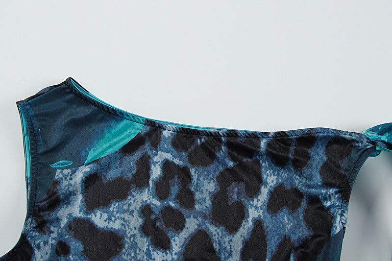 Summer Women's Chic Printed Slash Shoulder Lace-Up Slim Low-Waist Long Skirt Set 13