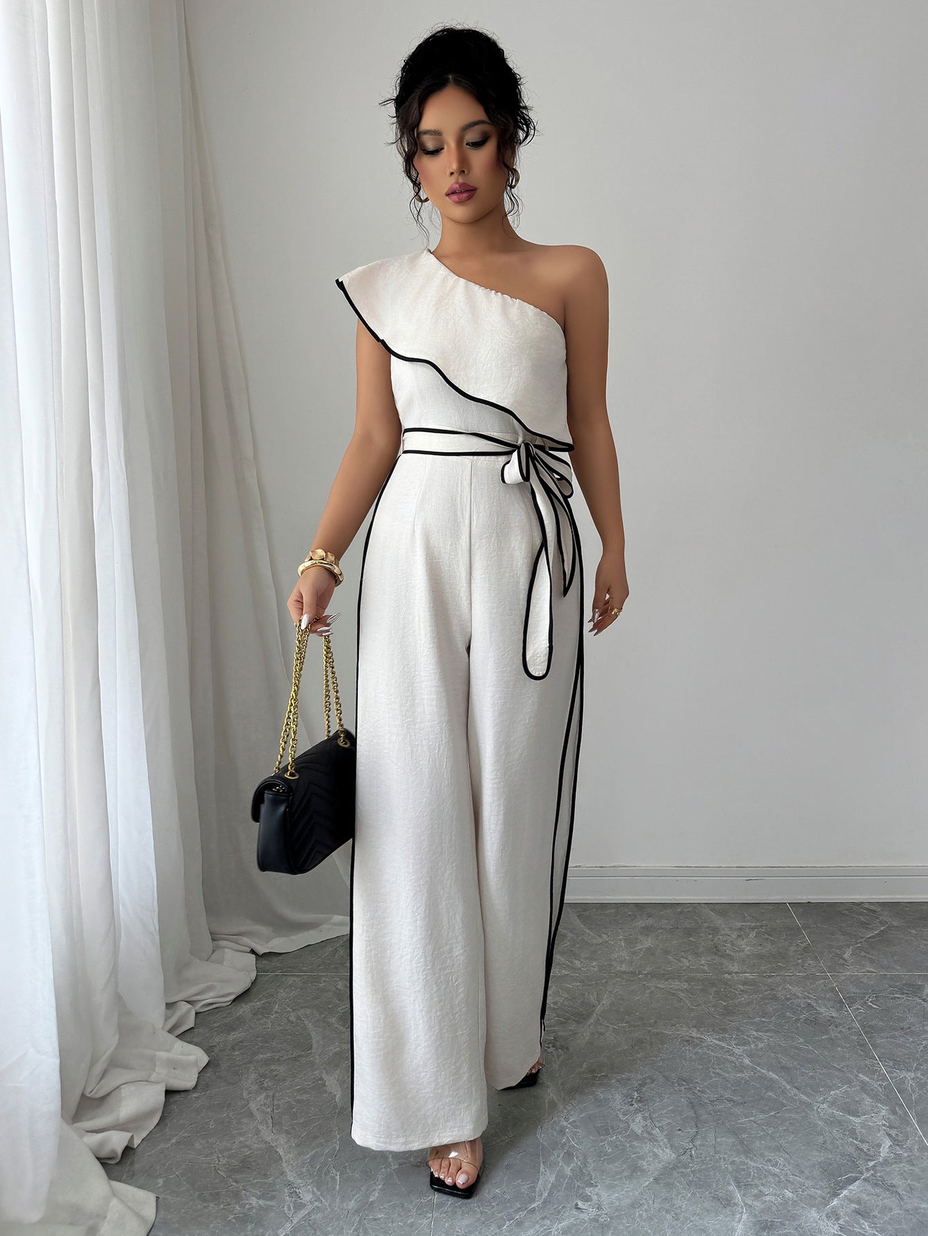 Summer Women's Chic Elegant One-Shoulder Wide-Leg Jumpsuit 4