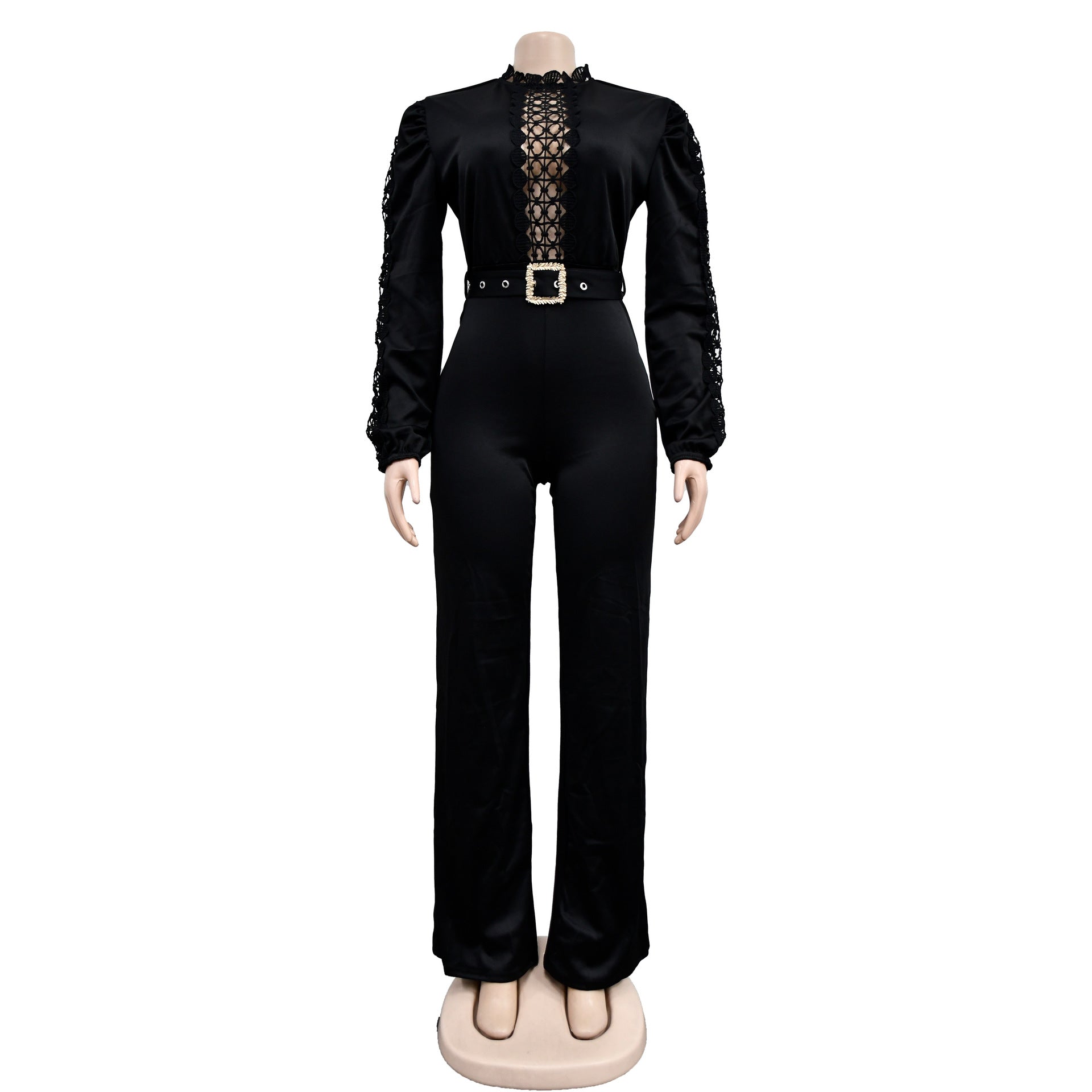 Women Belt Lace Cutout Solid Long Sleeve Jumpsuit 31