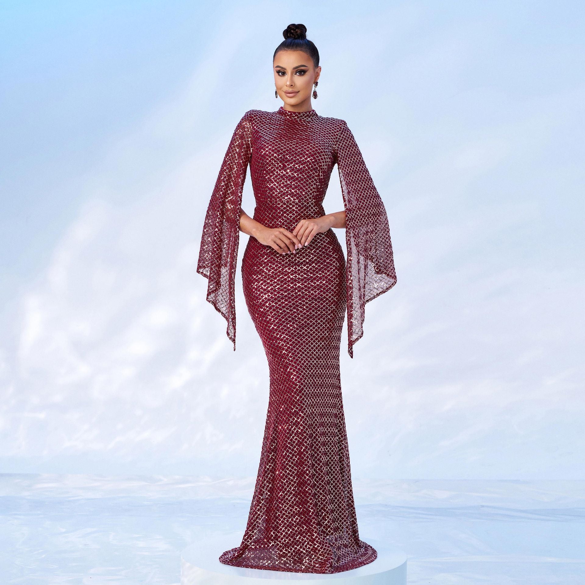 Women Long Sleeve Round Neck Sexy Sequin Formal Party Maxi Evening Dress 10