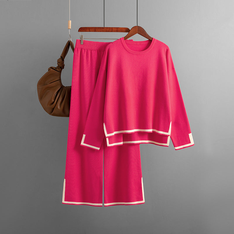 Autumn And Winter Chic Contrast Color Split Long Sleeve Knitting Top High Waist Wide Leg Pants Two-Piece Set 15