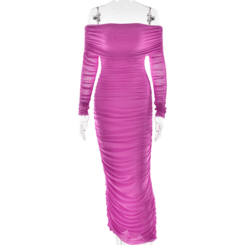 Women Autumn Bodycon Sexy Mesh Off Shoulder Gathered Dress 21