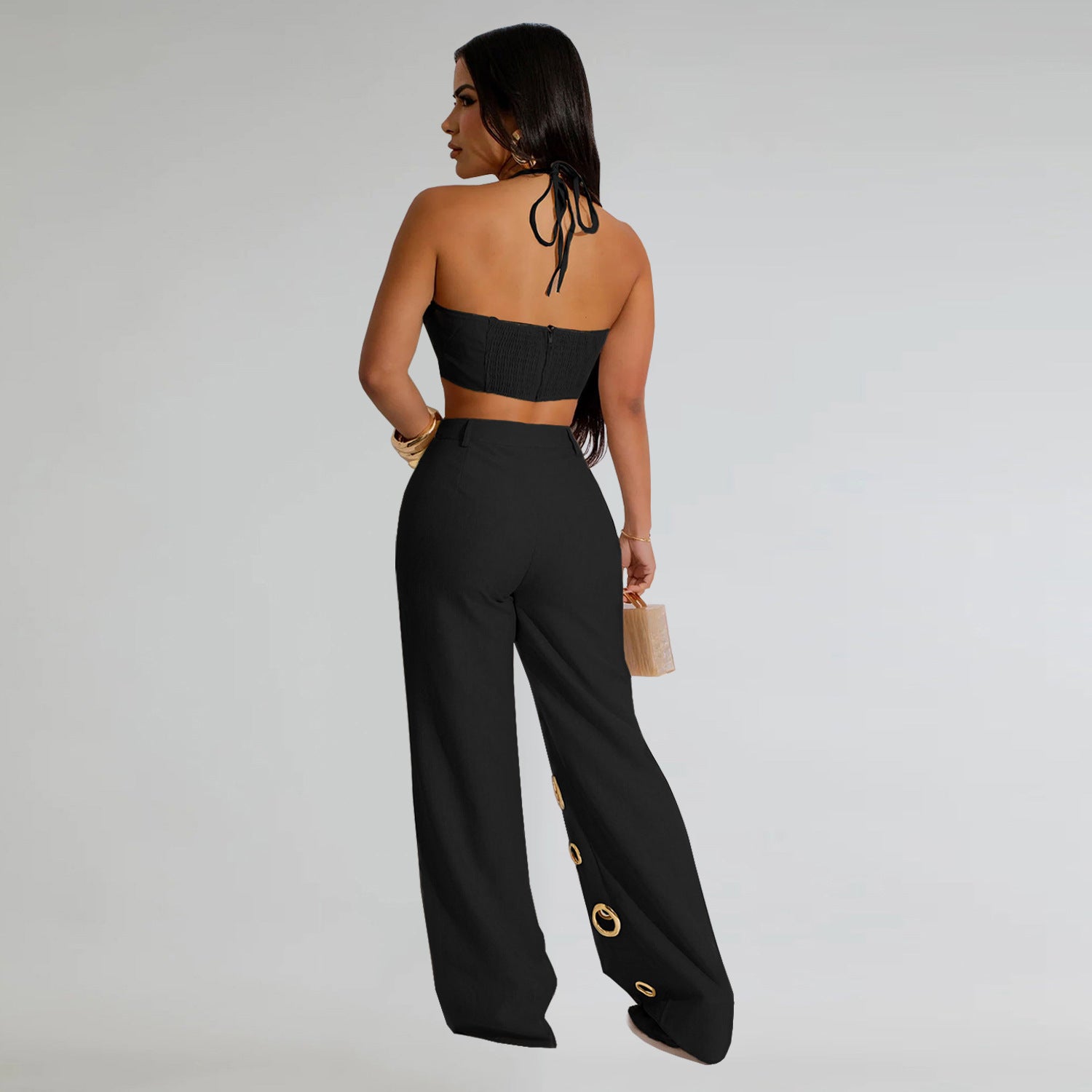 Women Sexy Metal Button Top and Pants Two Piece Set