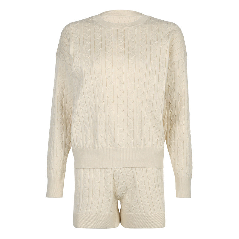 Comfortable Casual Solid Color Sweater Suit Autumn Round Neck Loose Top High Waist Shorts Two-Piece Trendy Set 6