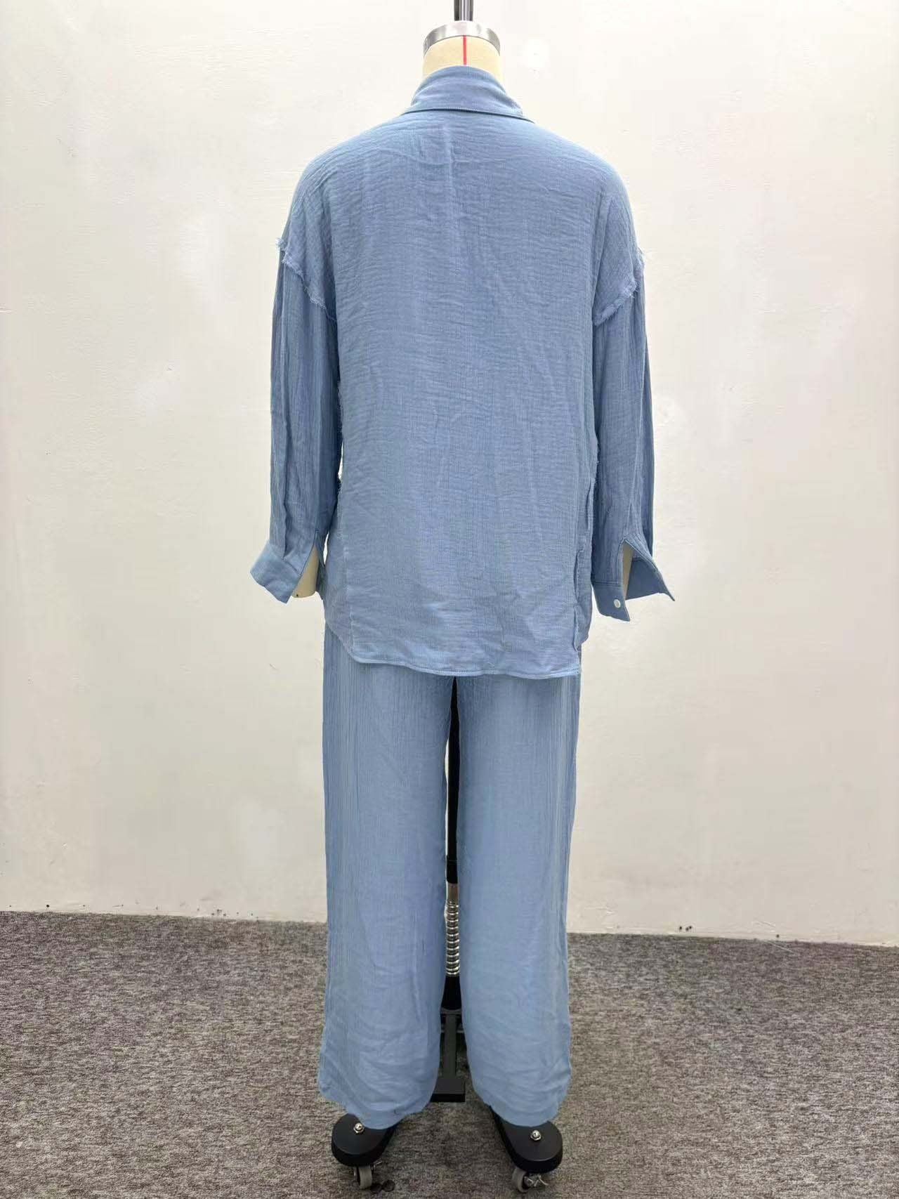 Women Turndown Collar Long-Sleeved Shirt and Pants Two-Piece Set 8