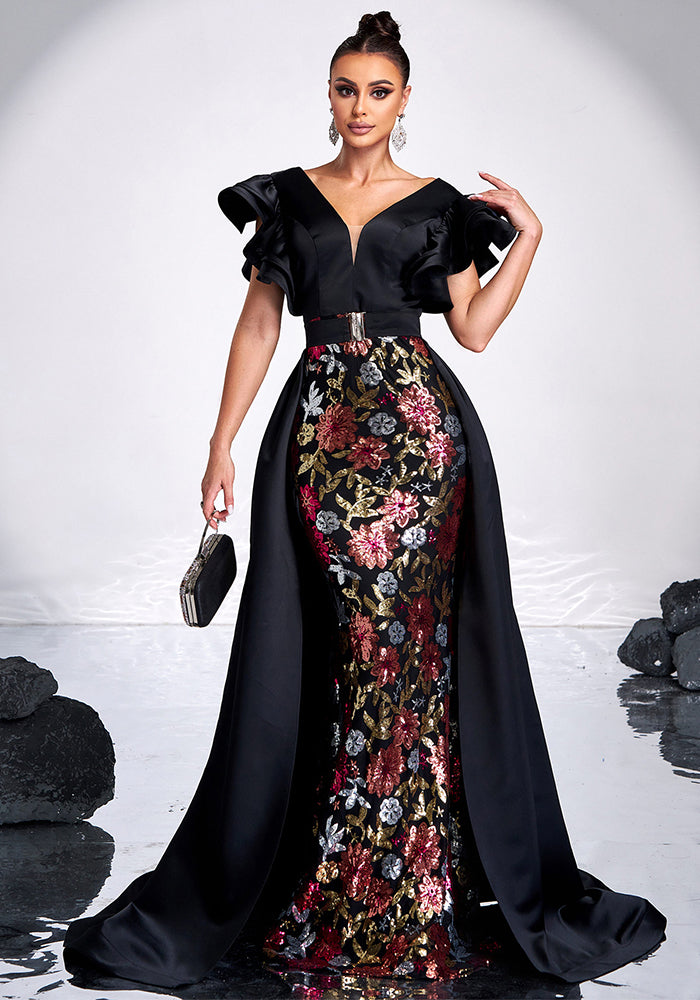 Women's Luxury Sleeveless V-Neck Slim Sequin Formal Fishtail Evening Dress