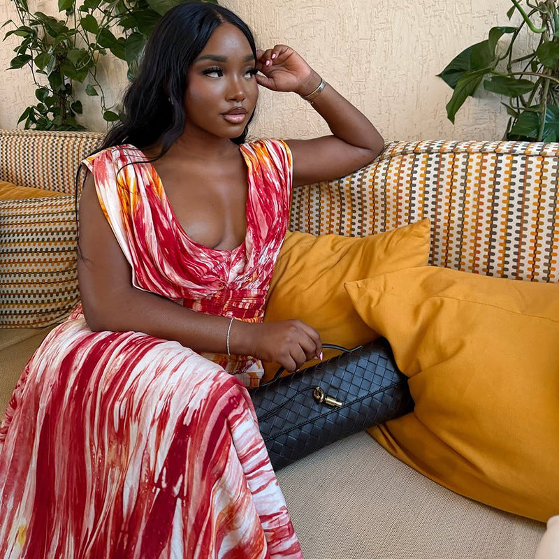 Spring Casual Women's Pleated Fashion Print V neck Slim Waist Loose Long Dress